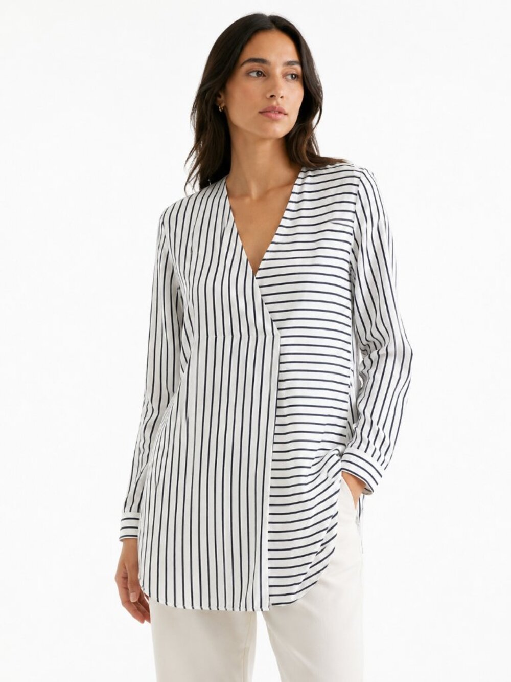COS WHITE NAVY NAUTICAL STRIPED LONG SLEEVE V-NECK TUNIC BLOUSE - 2